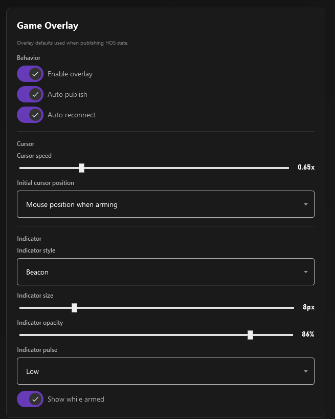 Game Overlay settings showing Enable overlay, Auto publish, Auto reconnect, cursor settings, and indicator options