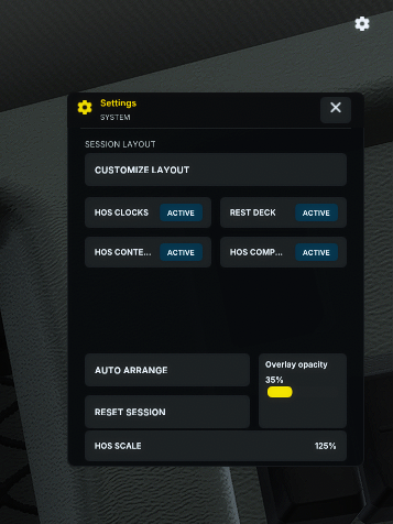 Overlay SYSTEM drawer with Customize Layout entry, four ACTIVE widget controls, Auto Arrange, opacity at 35 percent, Reset Session, and HOS Scale at 125 percent